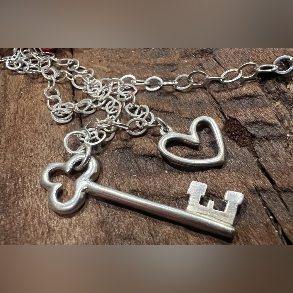Artisan Sterling Link Charm Necklace Key Heart Pendant Charms 16”